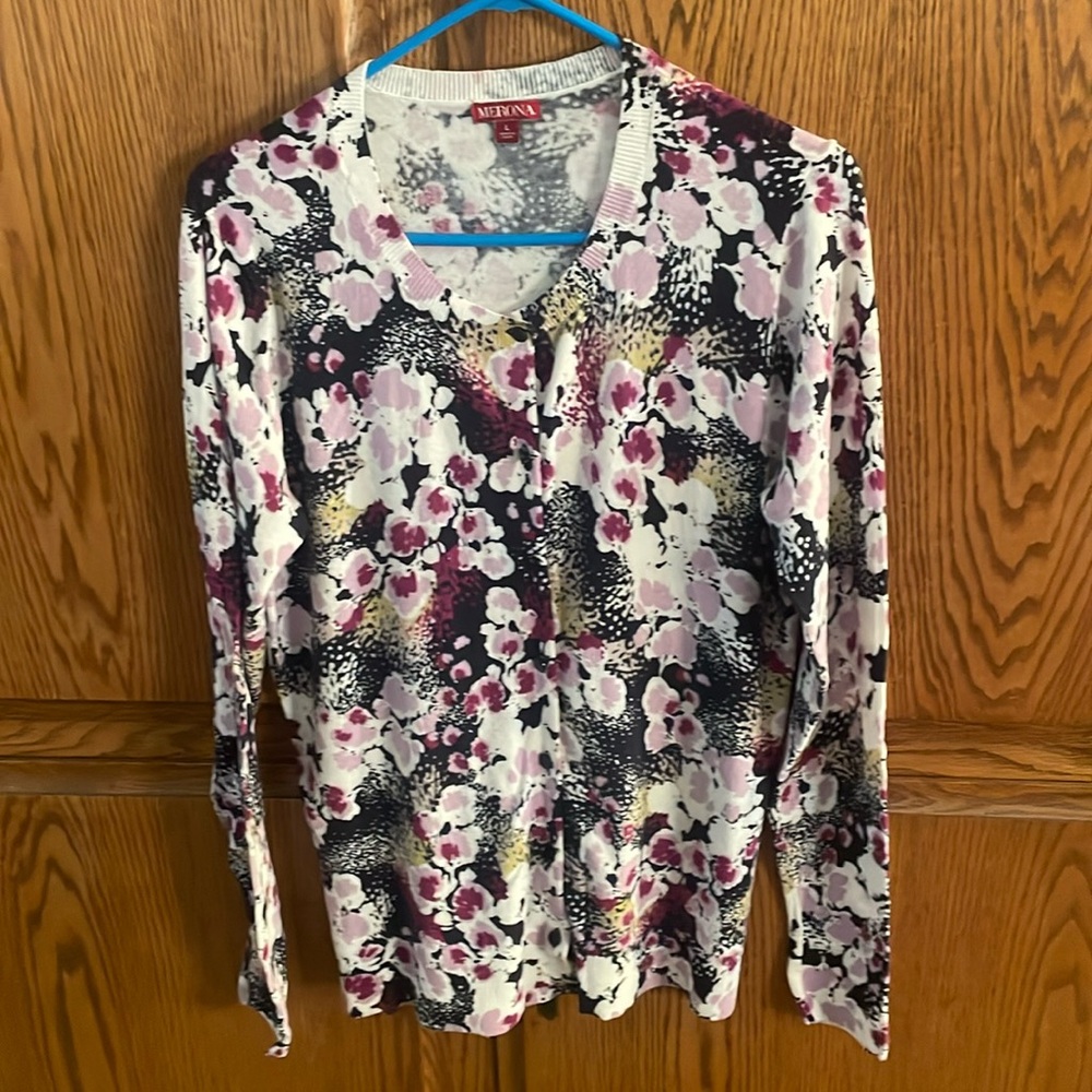 Purple, navy and white floral long sleeve cardigan sweater